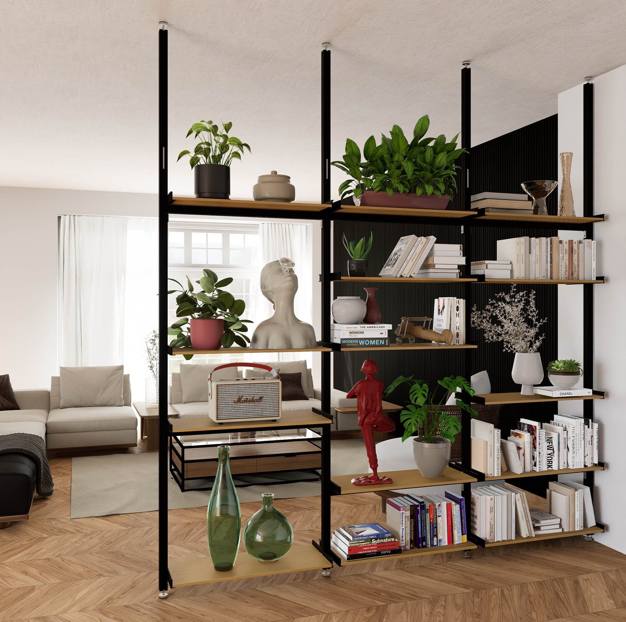 Aluminaire Wood Inspired Floor to Ceiling Shelving – Modern Shelving