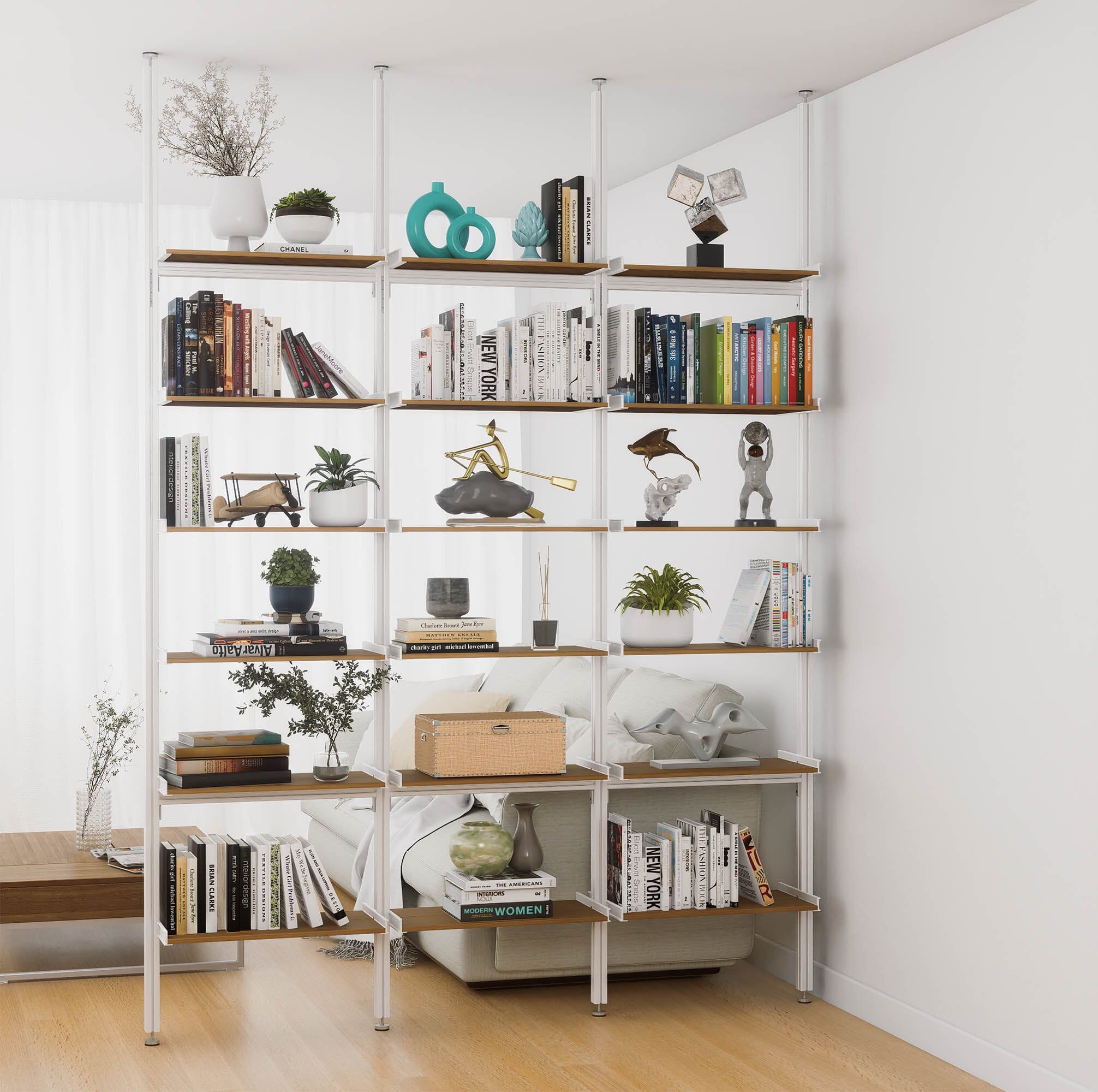 Aluminaire Wood Inspired Floor to Ceiling Shelving