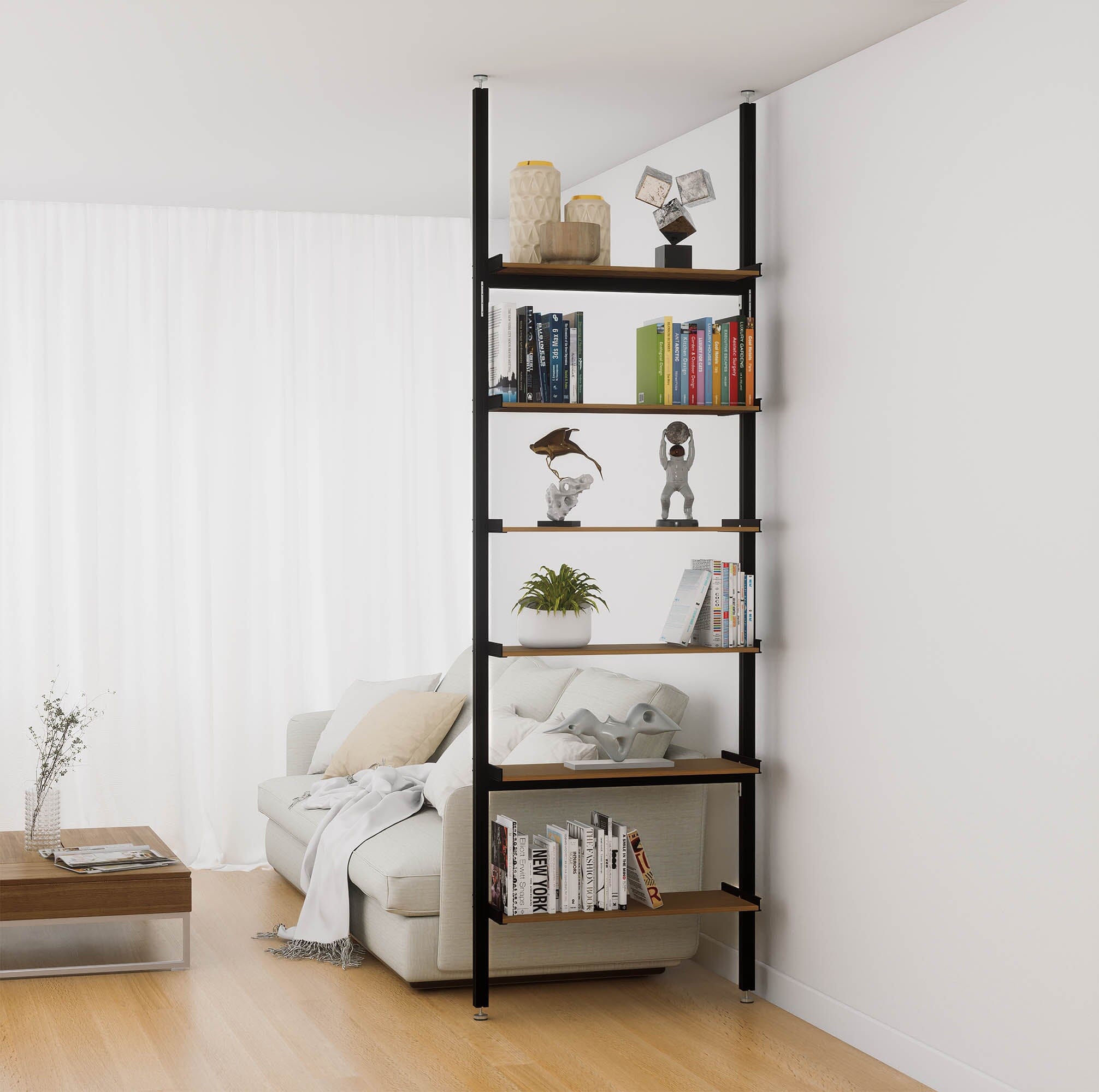 Aluminaire Wood Inspired Floor to Ceiling Shelving