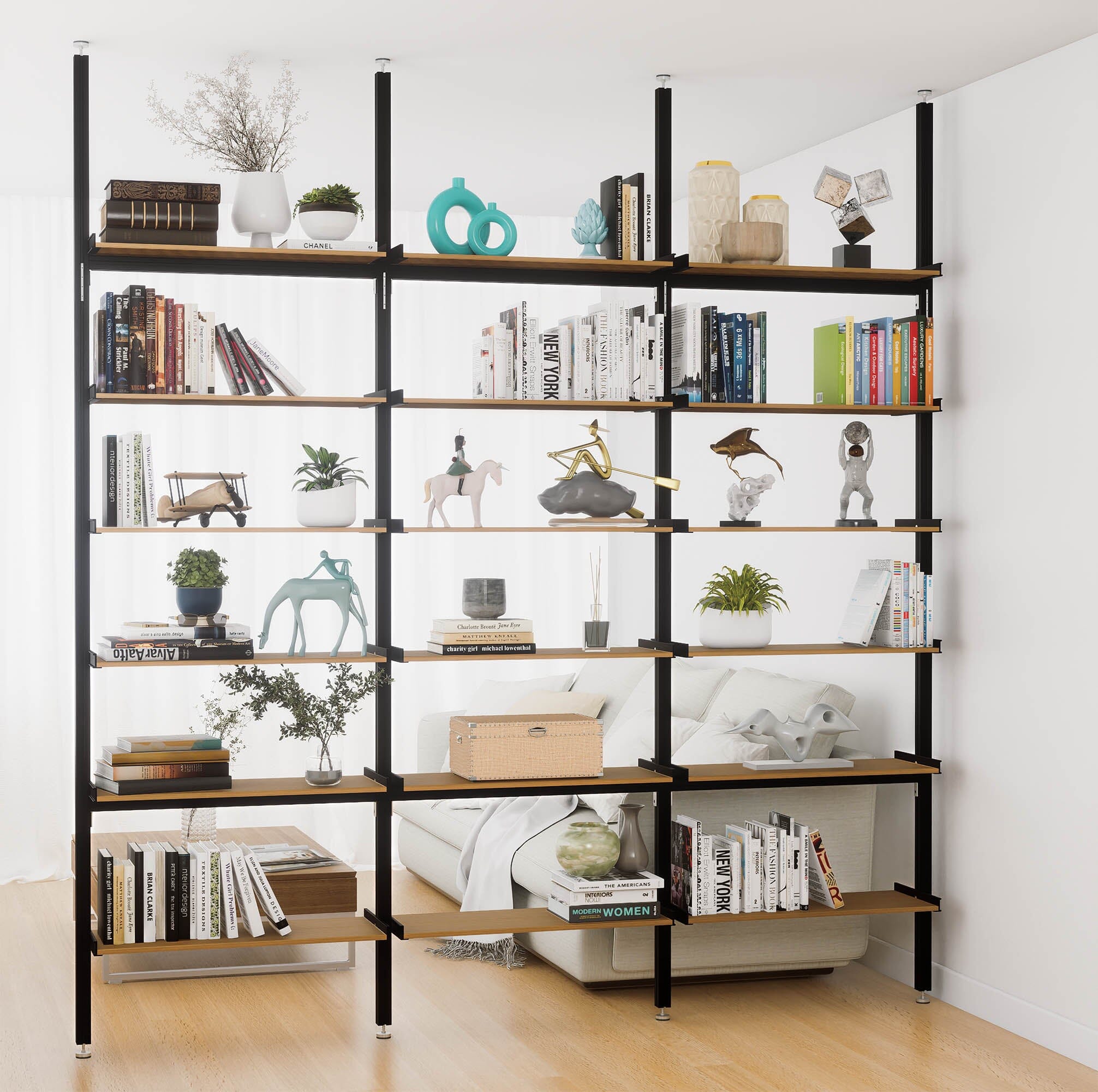 Aluminaire Wood Inspired Floor to Ceiling Shelving