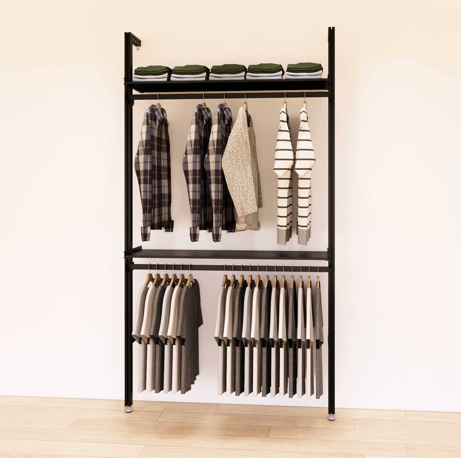 Retail Display Shelving with 2 Shelves + 2 Hanger Bars – Modern Shelving